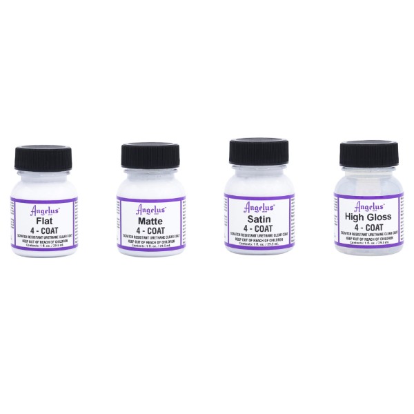 Angelus 4-Coat finisher bottles in Flat, Matte, Satin and High Gloss sheens